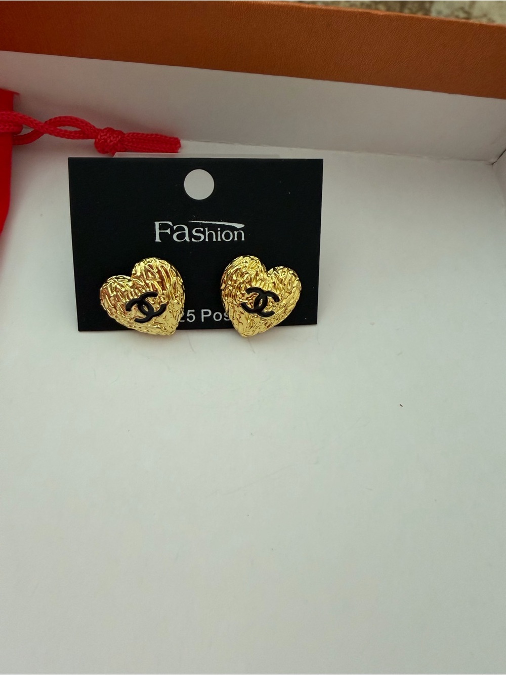 Gold Heart Stud Earrings with Black Accent, fashion jewelry - Picture 6 of 8
